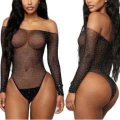 Women Sexy Lingerie Glitter Crystal Rhinestone Fishnet Bodysuit Dress Sleepwear