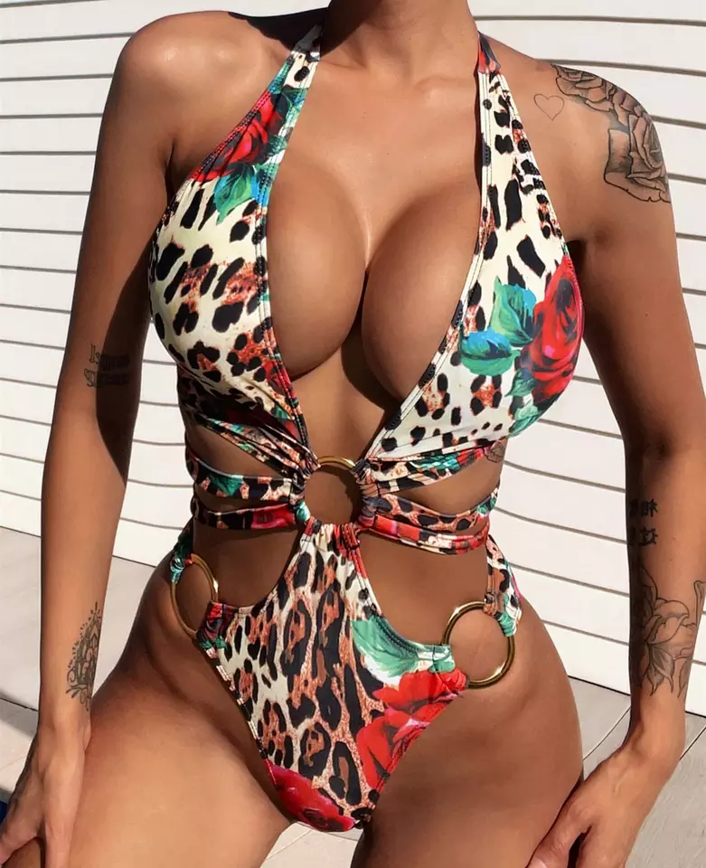 Sexy Deep V Neck Floral Leopard African Bikini One Piece Metal Ring Monokini