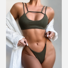 China Bikini Manufacturer Solid Color Dark Green Bikini Set Bi-Strap Thong Swimwear
