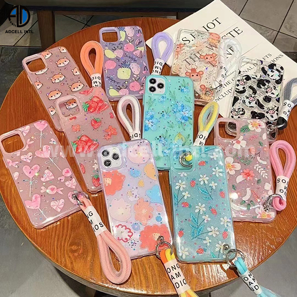 2 in 1 TPU+PC Case with Embossed Patterns and Cute Strap