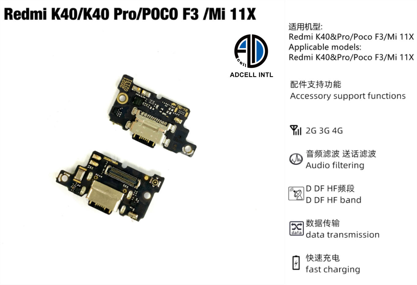 Flex Carga para Xiaomi Redmi K40/Poco F3 Original