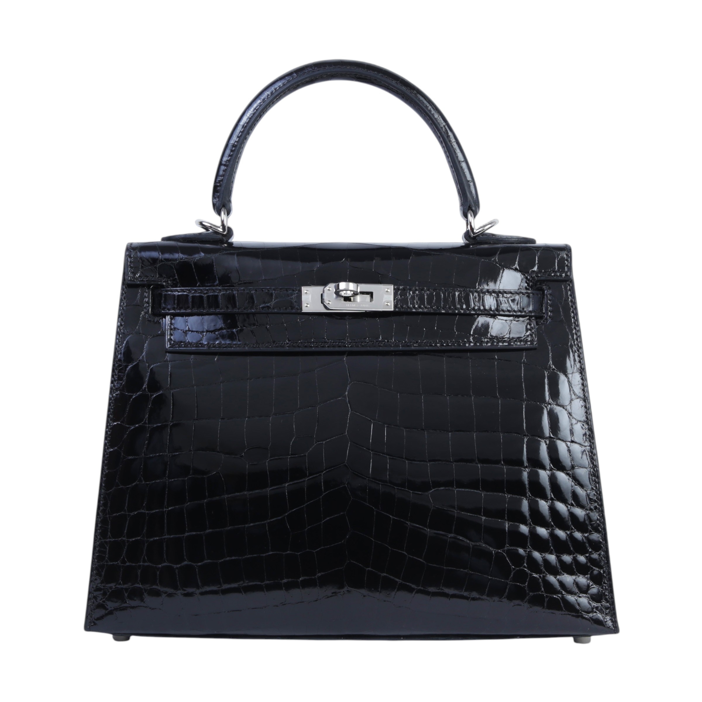 Hermès Kelly 25 Schwarz Shiny Alligator Palladium Hardware