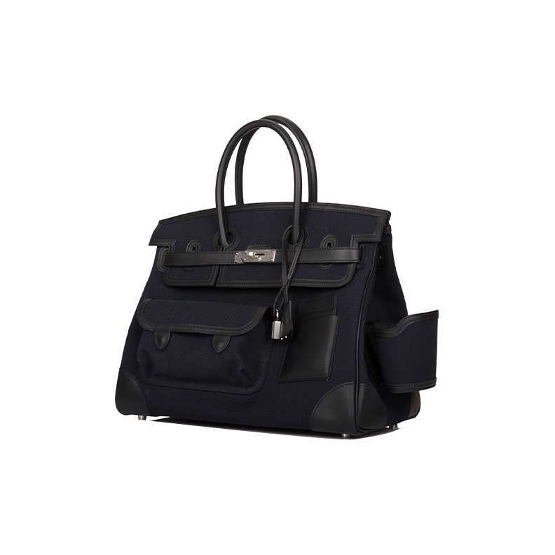 Hermès Birkin 35 Cargo Schwarz und Blau Marine Palladium Hardware