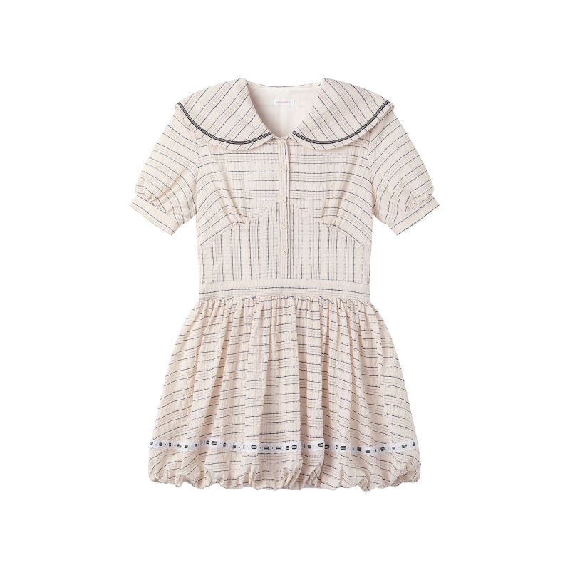 3D STRIPES SECTIONED NAVY COLLAR PUFFED DRESS