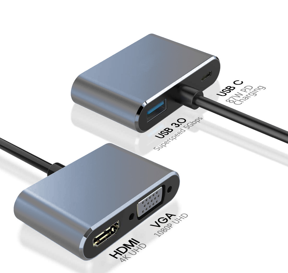 UCHDVGA-M2 | 4合1 USB-C 多端口适配器 (4K HDMI, VGA 1080p, 60W PD, USB 3.0 Hub)