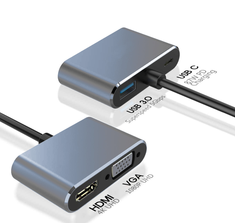 UCHDVGA-M2 | Adaptador Multiport USB-C 4 en 1 (HDMI 4K, VGA 1080p, 60W PD, Hub USB 3.0)