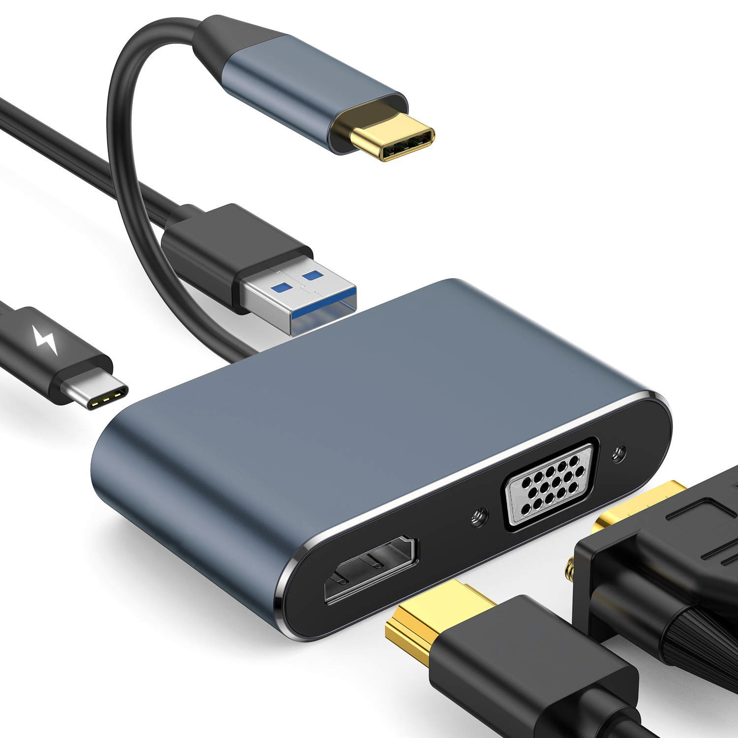 UCHDVGA-M2 | 4-In-1 USB-C 멀티포트 어댑터 (4K HDMI, VGA 1080p, 60W PD, USB 3.0 허브)