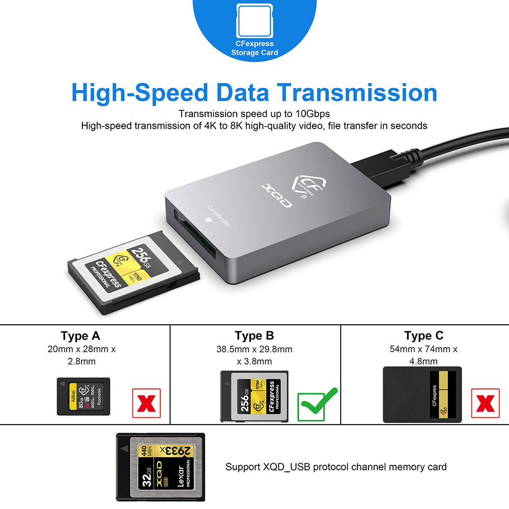 HB326 | Lecteur de carte mémoire à emplacement unique USB 3.2 10Gbps CFexpress-B / XQD