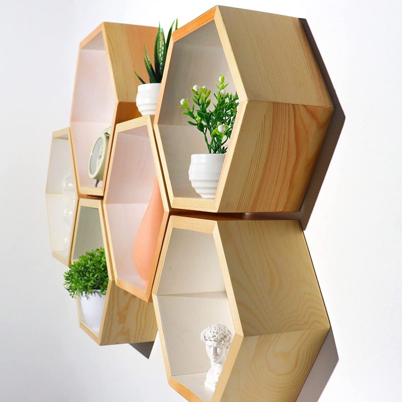LANKOWOOD Hexagon Floating Shelves – Set of 3 Premium Pine Wood Honeycomb Shelves – Hexagon Shelves for Home and Office- Wooden Hexagon Wall Shelves - Octagon Shelves for Wall - Geometric Wall Shelf