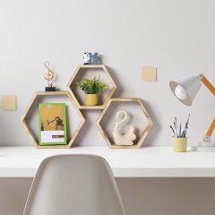LANKOWOOD Hexagon Floating Shelves – Set of 3 Premium Pine Wood Honeycomb Shelves – Hexagon Shelves for Home and Office- Wooden Hexagon Wall Shelves - Octagon Shelves for Wall - Geometric Wall Shelf