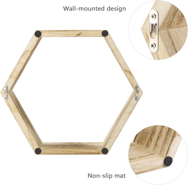 Estantes flotantes hexagonales de madera montados en la pared