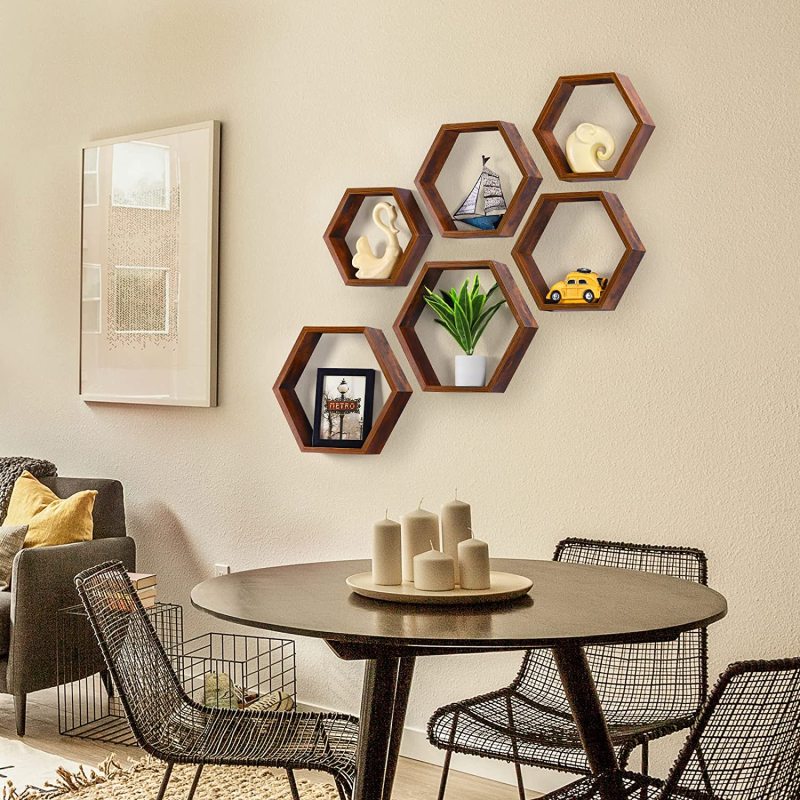LANKOWOOD Lot de 3 étagères flottantes hexagonales en MDF, étagères murales en nid d'abeille, décor de rangement en bois pour salle de bain, chambre, salon.