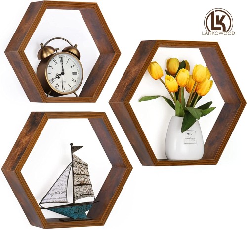 LANKOWOOD МДФ Шестигранные плавающие полки, 3 упаковки настенных сотовых настенных полок, деревянный декор для хранения фермерского дома для ванной комнаты, спальни, гостиной.