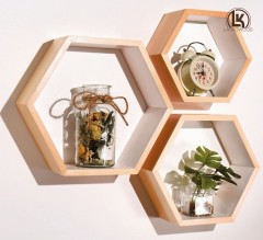 LANKOWOOD Hexagon Floating Shelves – Set of 3 Premium Pine Wood Honeycomb Shelves – Hexagon Shelves for Home and Office- Wooden Hexagon Wall Shelves - Octagon Shelves for Wall - Geometric Wall Shelf