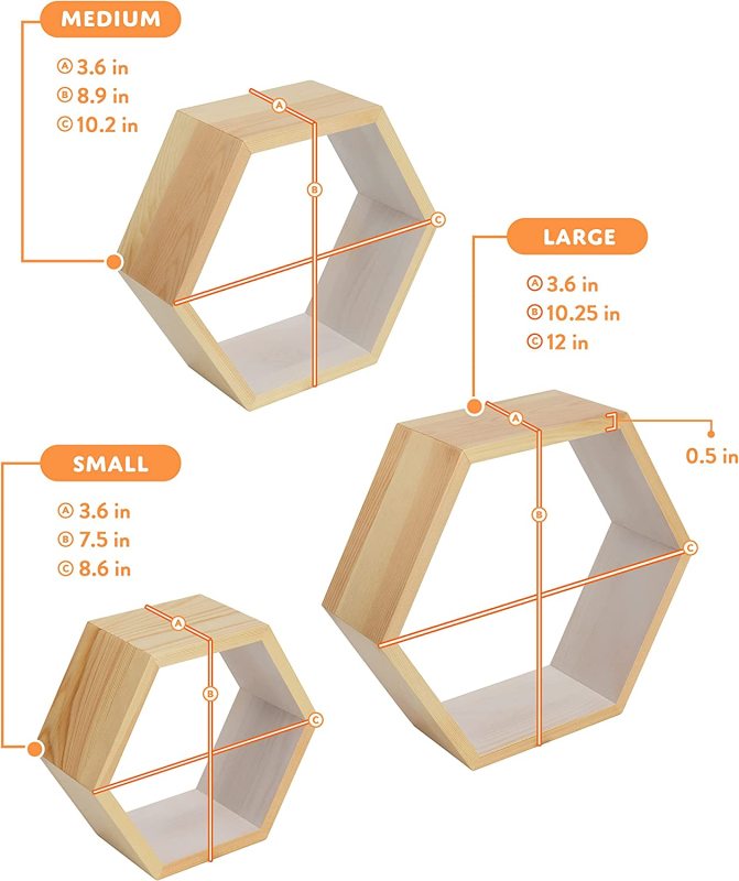 LANKOWOOD Hexagon Floating Shelves – Set of 3 Premium Pine Wood Honeycomb Shelves – Hexagon Shelves for Home and Office- Wooden Hexagon Wall Shelves - Octagon Shelves for Wall - Geometric Wall Shelf