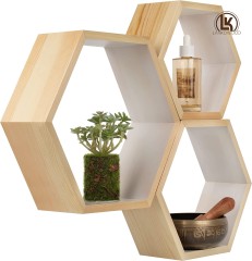 LANKOWOOD Hexagon Floating Shelves – Set of 3 Premium Pine Wood Honeycomb Shelves – Hexagon Shelves for Home and Office- Wooden Hexagon Wall Shelves - Octagon Shelves for Wall - Geometric Wall Shelf