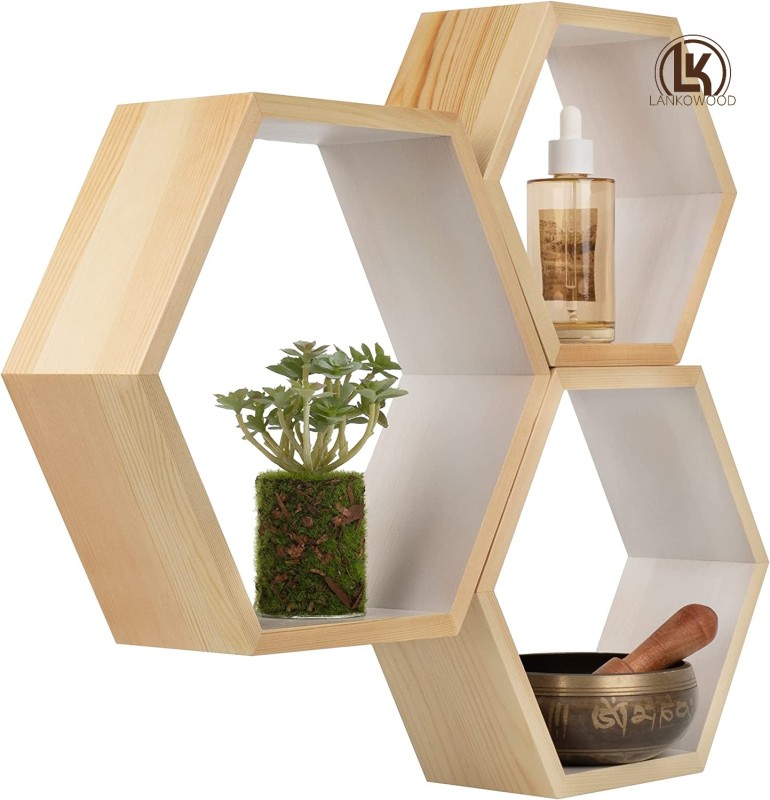 LANKOWOOD Hexagon Floating Shelves – Set of 3 Premium Pine Wood Honeycomb Shelves – Hexagon Shelves for Home and Office- Wooden Hexagon Wall Shelves - Octagon Shelves for Wall - Geometric Wall Shelf