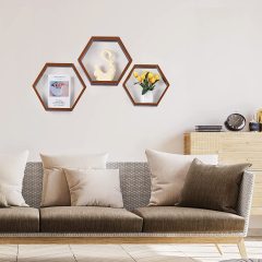 LANKOWOOD MDF estantes flotantes hexagonales, paquete de 3 estantes de pared de panal montados en la pared, decoración de almacenamiento de madera para casa de campo para baño, dormitorio, sala de estar.