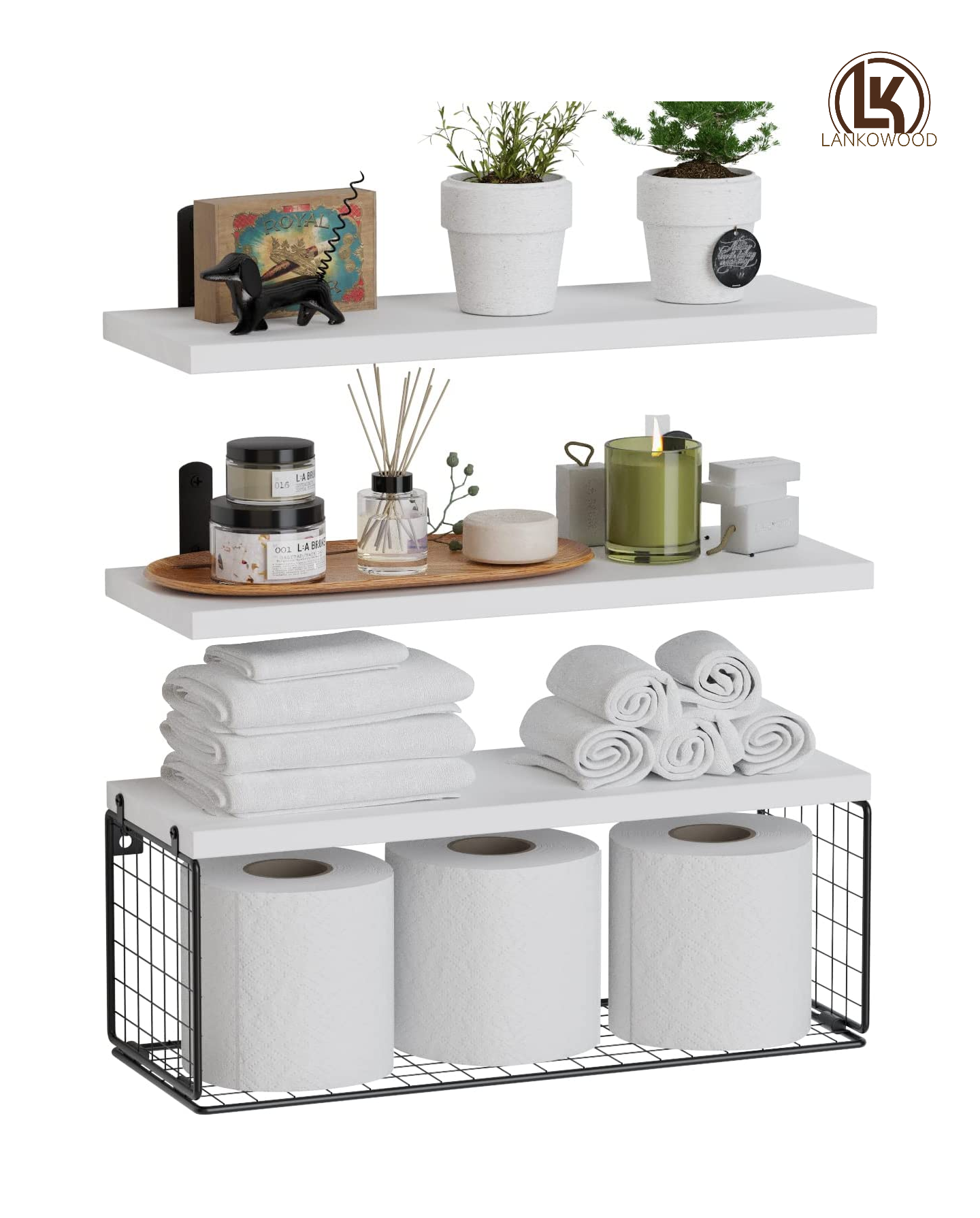 LANKOCRAFTS Floating Shelves Wall Mounted, Rustic Wood Bathroom Shelves Over Toilet with Paper Storage Basket, Farmhouse Floating Shelf for Wall Decor, Bedroom, Living Room, Kitchen, Plants, Books–White