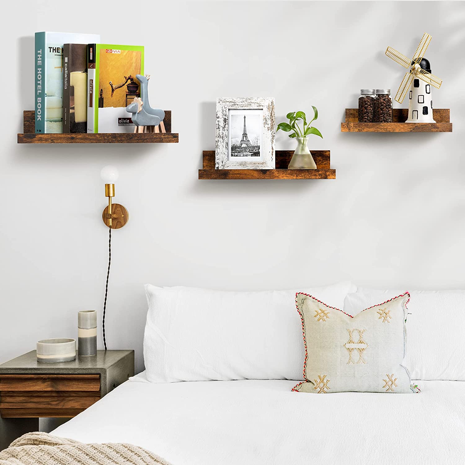 LANKOWOOD PHOTO SHELVES Scaffali galleggianti per decorazioni da parete, set di 5 mensole da parete, mensole in legno da parete per camera da letto, soggiorno, bagno, cucina, mensole per case coloniche con sporgenza per quadri, marrone