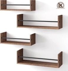 LANKOCRAFTS Floating Wall Shelves, Nursery Book Shelf, Wall Mounted Hanging Shelves with Metal Rail for Book, Bedroom, Bathroom and Kitchen