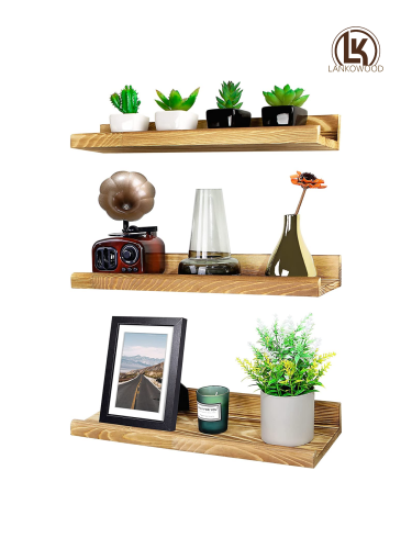 LANKOWOOD Плавающие полки для картин Настенный набор из 3, 16-дюймовых полок из массива карбонизированной сосны для стены, настенные полки для хранения с ограждением для дома, кухни, офиса