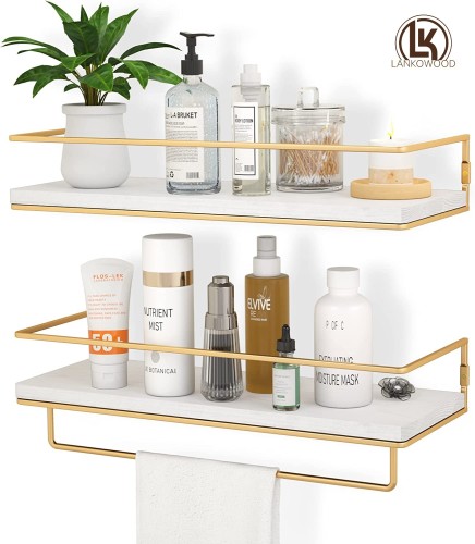 LANKOCRAFTS Плавающие полки Белые, настенные полки для хранения с золотой вешалкой для полотенец для ванной, кухни, спальни, набор из 2 (белых)…
