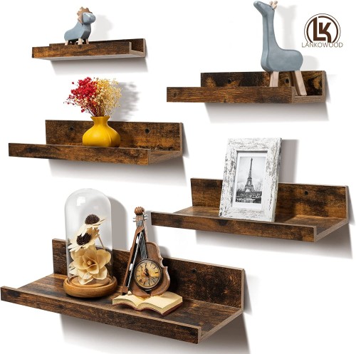 LANKOWOOD PHOTO SHELVES Плавающие полки для хранения декора стен, набор настенных полок из 5, настенные деревянные полки для спальни, гостиной, ванной комнаты, кухни, небольшие полки для фермерского дома с карнизом, коричневый