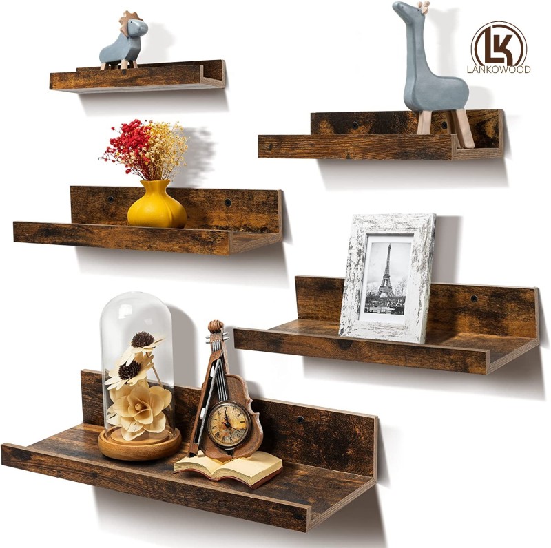 LANKOWOOD PHOTO SHELVES Scaffali galleggianti per decorazioni da parete, set di 5 mensole da parete, mensole in legno da parete per camera da letto, soggiorno, bagno, cucina, mensole per case coloniche con sporgenza per quadri, marrone
