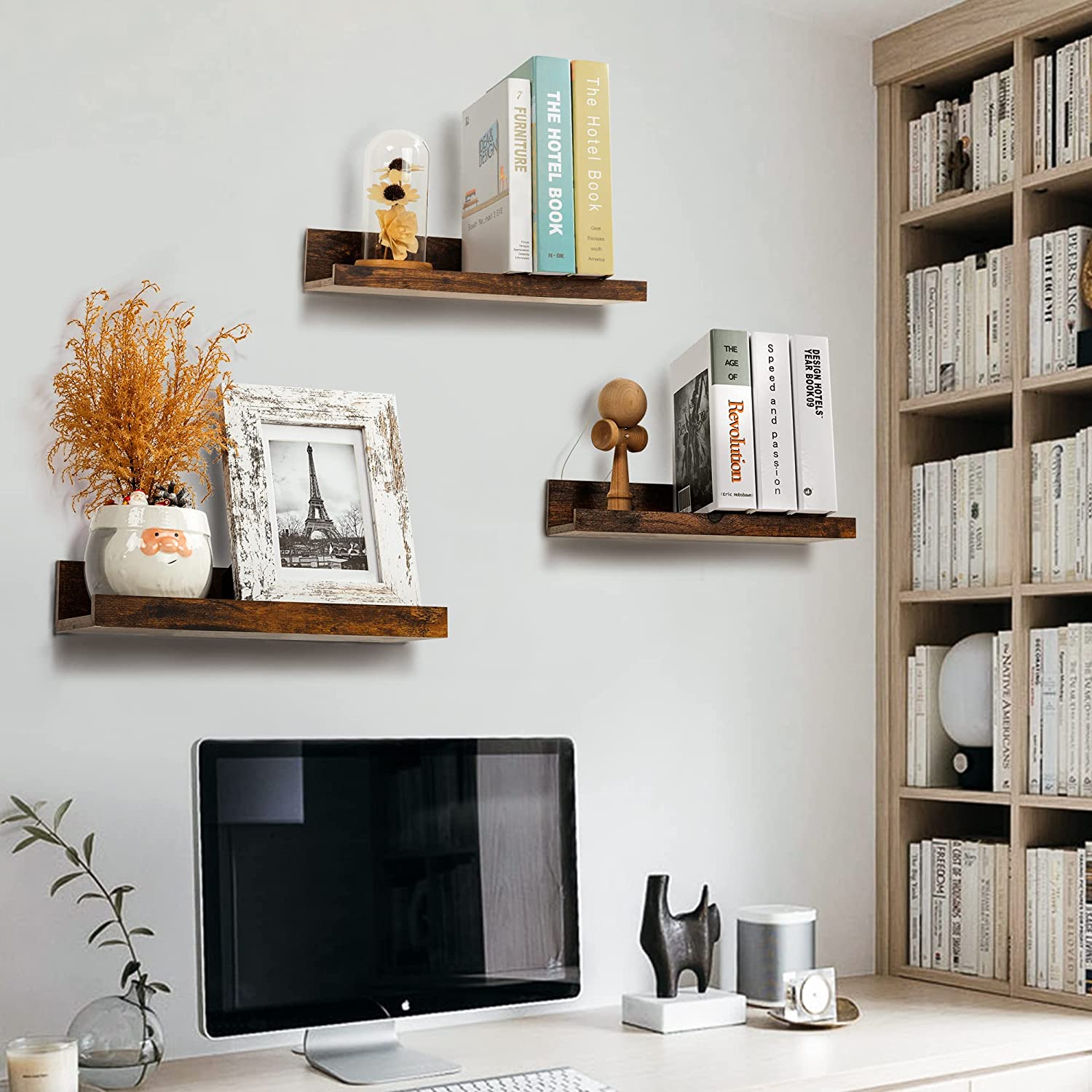 LANKOWOOD PHOTO SHELVES Scaffali galleggianti per decorazioni da parete, set di 5 mensole da parete, mensole in legno da parete per camera da letto, soggiorno, bagno, cucina, mensole per case coloniche con sporgenza per quadri, marrone