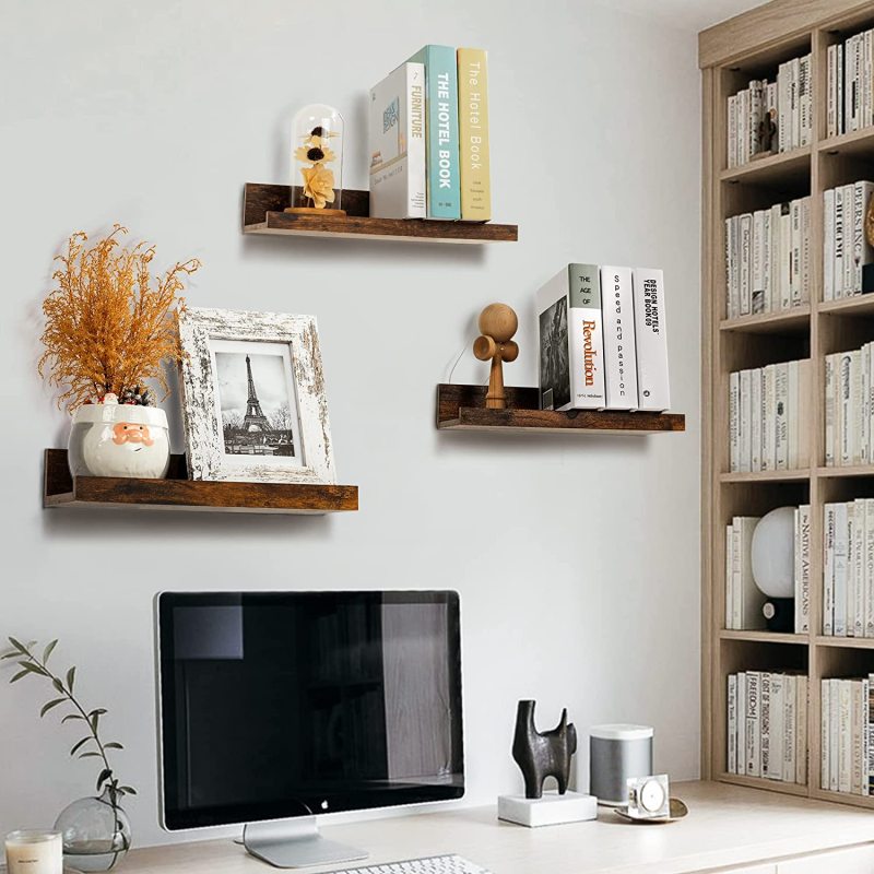 LANKOWOOD PHOTO SHELVES Scaffali galleggianti per decorazioni da parete, set di 5 mensole da parete, mensole in legno da parete per camera da letto, soggiorno, bagno, cucina, mensole per case coloniche con sporgenza per quadri, marrone