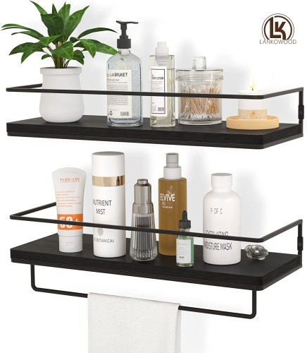 Плавающие полки для настенного набора из 2, настенные полки для хранения с черным металлическим каркасом и вешалкой для полотенец для ванной комнаты, спальни, гостиной, кухни, офиса (черный)…