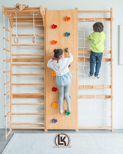 Шведский настенный спортивный комплекс Lankowood 9-в-1 — качели-трапеции, веревочная лестница, каменная стена, веревочная стена, скалолаз, горка, перекладина, лестница и качели — снаряжение для скалолазания Монтессори для детей