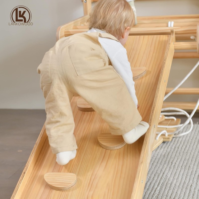 Lankowood 9-in-1-Schwedenleiter-Wand-Fitness-Set – Trapezschaukel, Strickleiter, Felswand, Seilwand, Felsrampenkletterer, Rutsche, Klimmzugstange, Leiter und Schaukel – Montessori-Kletterausrüstung für Kinder