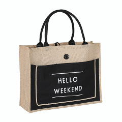Two Tone Jute Tote Bag w/ Front Pocket & Colored Handles