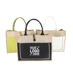 Two Tone Jute Tote Bag w/ Front Pocket & Colored Handles