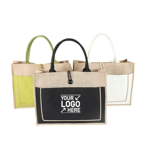 Two Tone Jute Tote Bag w/ Front Pocket & Colored Handles