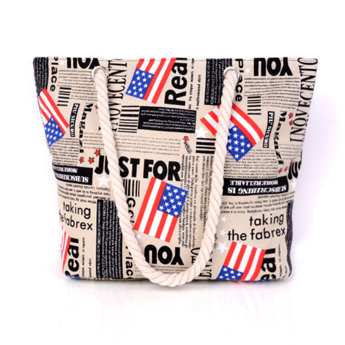 USA Flag Printing Polyester-Cotton Canvas Shopping Bag with Rope Handle