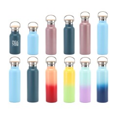 Double Wall Stainless Steel Water Bottle with Screw-on Bamboo Lid