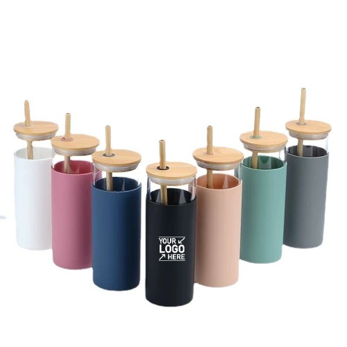 Bamboo Lid 17oz Drinking Glasses with Silicone Sleeve