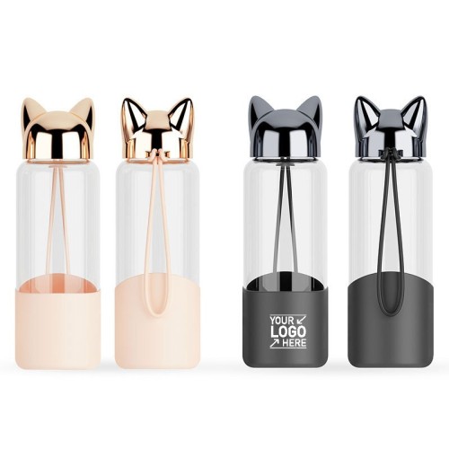 Cute Cat Glass Water Bottle Cup w/ Silicone Sleeve