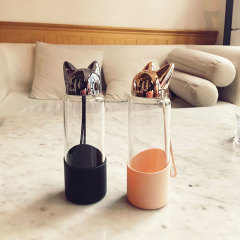 Cute Cat Glass Water Bottle Cup w/ Silicone Sleeve