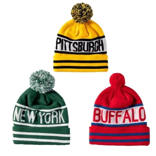 Custom Made Pompom Striped Knitted Cuffed Beanie With Logo