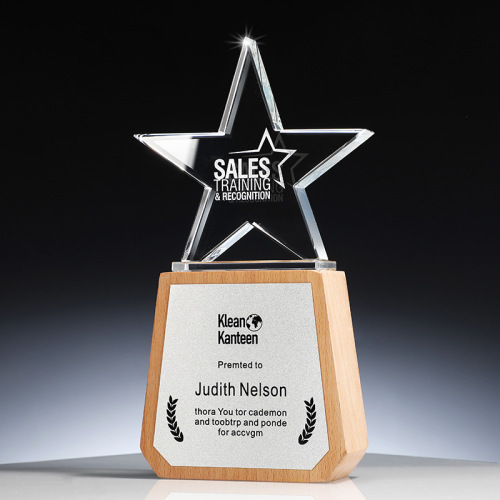 Clear Crystal Star Award with Wood Base