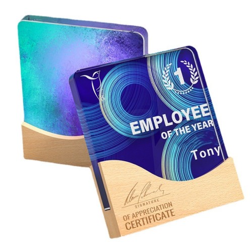 Customized Clear Crystal Award with Wood Base