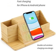 Bamboo Desk Organizer Wireless Charger with Pen Holder