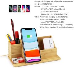 Bamboo Desk Organizer Wireless Charger with Pen Holder