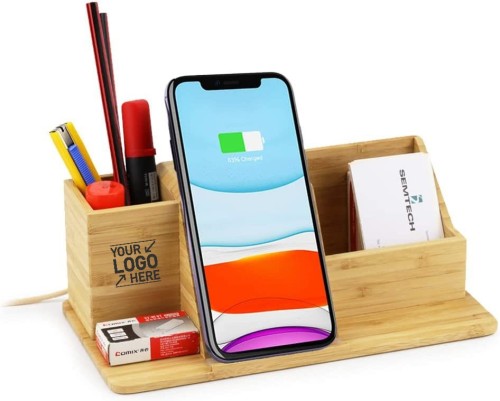 Bamboo Desk Organizer Wireless Charger with Pen Holder