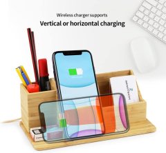 Bamboo Desk Organizer Wireless Charger with Pen Holder