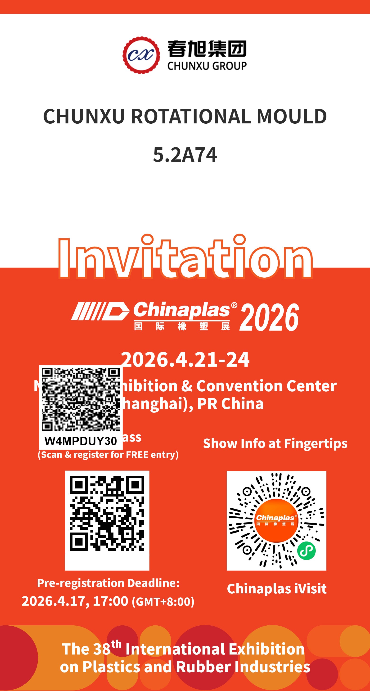 Chunxu Rotational Mould cordially invites you to attend the upcoming Chinaplas 2026 exhibition.